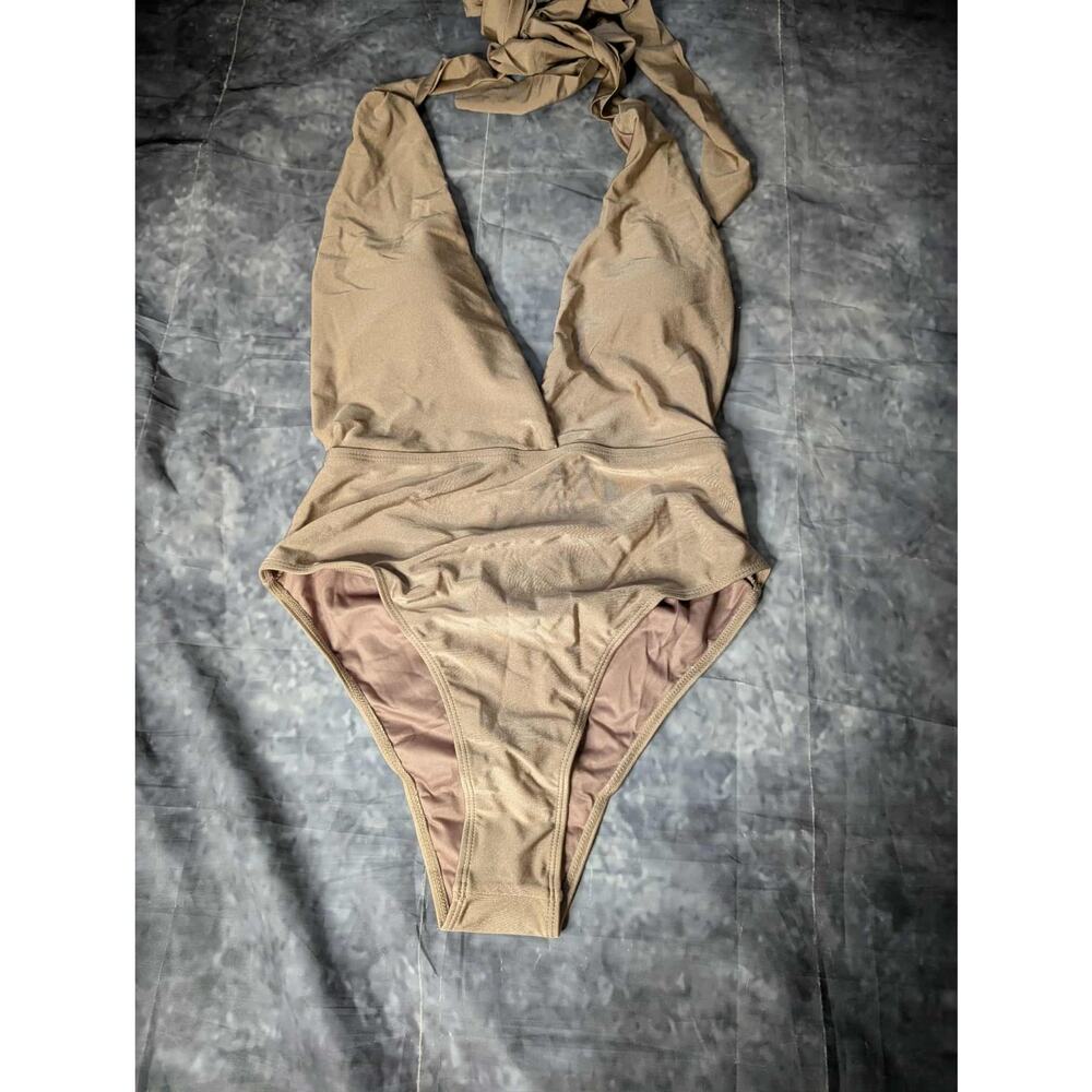 Stylish Swimwear One Piece Nude Swimsuit Size L Open Back Halter